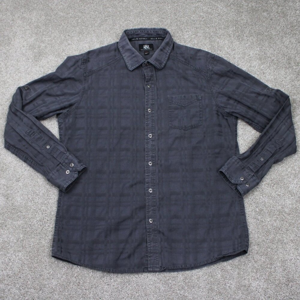 Rock & Republic Roll Tab Shirt Mens Large Gray Textured Cotton L/S Button Up - Picture 1 of 13